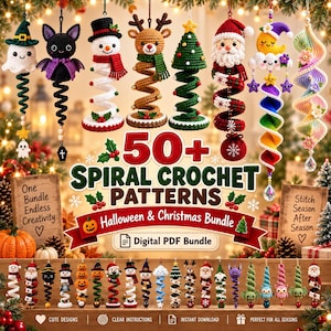 May include: A collection of spiral crochet patterns featuring holiday-themed ornaments like ghosts, bats, snowmen, reindeer, Christmas trees, Santa Claus, and moons. The text reads 50+ Spiral Crochet Patterns Halloween & Christmas Bundle Digital PDF Bundle.