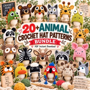 Peut inclure: Une collection de plus de 20 modèles de bonnets au crochet sur le thème des animaux, présentés sur des têtes de mannequin. Les bonnets incluent des motifs variés comme un dinosaure, un ours, un chien, un loup, une girafe, une grenouille, un panda et un hibou.