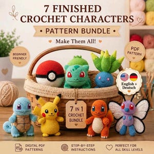 May include: A digital PDF pattern bundle for 7 finished crochet characters, including a red and white ball, a green creature, a blue plant creature, a light blue turtle, a yellow mouse, an orange lizard, and a purple butterfly creature.