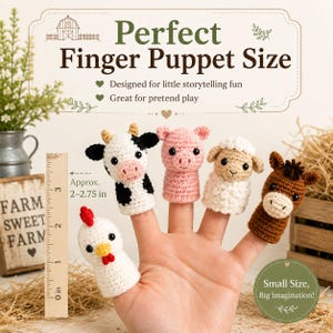 May include: Five crocheted farm animal finger puppets including a cow, pig, sheep, horse, and chicken. A wooden ruler shows the puppets measure approximately 2 to 2.75 inches in height. Text on the image reads Perfect Finger Puppet Size.