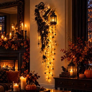 Dekoracja ścienna w kształcie szkieletu, podświetlany szkielet na Halloween, gotycka dekoracja czaszki, upiorne kaskadowe światła na Halloween