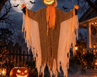 May include: A hanging Halloween decoration featuring a glowing orange jack-o'-lantern head with a sinister expression, draped in tattered, light brown fabric that forms long, flowing sleeves and a ragged body, with orange fabric around the neck.