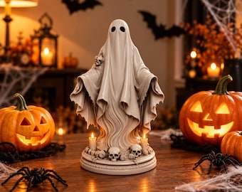 May include: A cream-colored ghost figurine standing on a circular base decorated with small skulls, roses, and two lit candles. The ghost features a draped sheet appearance with two dark eye holes, positioned between two glowing orange jack-o'-lanterns.