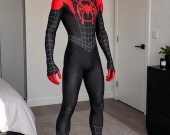 Fantasia do Homem-Aranha em preto e vermelho, traje completo para cosplay, roupa de super-herói para o Halloween, fantasia de teia de aranha.