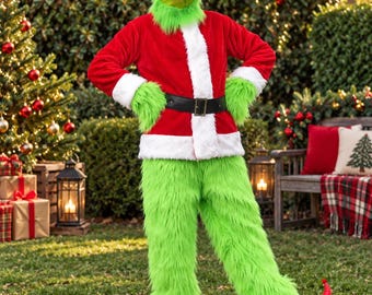 May include: A full-body costume featuring a green faux fur suit with long sleeves and pants, a red velvet jacket with white faux fur trim, a black belt with a gold buckle, a red Santa hat with white trim, and pointed red fabric shoes.