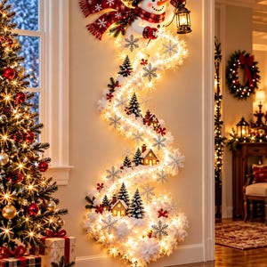 Könnte beinhalten: Eine Wanddekoration zu Weihnachten mit einem Schneemann, der einen schwarzen Zylinder und einen rot karierten Schal trägt und eine Laterne hält. Das Design umfasst eine geschwungene Spur aus Kunstschnee, Lichterketten, Miniaturhäuser und Tannen.