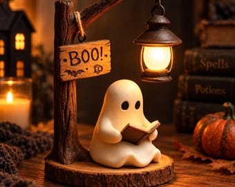May include: A cream-colored ghost figurine sits on a circular wooden base, reading a small book. A brown tree-like post holds a hanging lantern and a rectangular wooden sign with the text BOO! and small bat and skull illustrations.