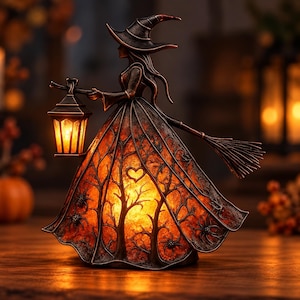 Peut inclure: Une figurine de sorcière en bronze foncé portant un chapeau pointu et tenant une lanterne allumée. La robe présente un motif découpé complexe d'arbres nus, d'araignées et d'un cœur, illuminé de l'intérieur par une lumière orange chaude.
