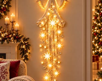 Beleuchteter LED-Weihnachtsengel, Engel-Wanddekoration mit Sternen, goldener Weihnachtsschmuck zum Aufhängen, Weihnachtsengel-Dekoration, Weihnachtsgeschenk