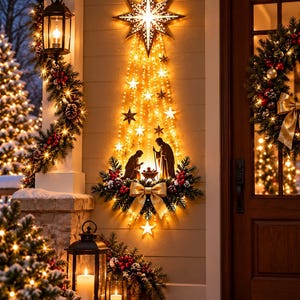 Könnte beinhalten: Eine wandmontierte Weihnachts-Krippendekoration mit einem großen beleuchteten Stern an der Spitze, kaskadierenden warmweißen LED-Lichterketten, kleinen Sternakzenten und einer zentralen Silhouette der heiligen Familie, verziert mit einer goldenen Schleife.