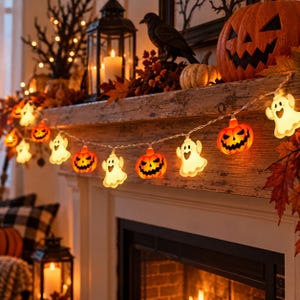 Puede incluir: Una guirnalda de luces de Halloween con bombillas alternas en forma de fantasmas blancos y calabazas naranjas tipo jack-o'-lantern. Las luces están encendidas y conectadas por un cable fino, creando una decoración festiva para la temporada.