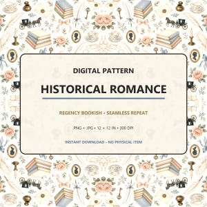 May include: A digital pattern titled Historical Romance featuring a seamless repeat of watercolour illustrations including stacks of books, teacups, silhouettes, keys, carriages, roses, and envelopes on a cream background, 30.48 x 30.48 cm.