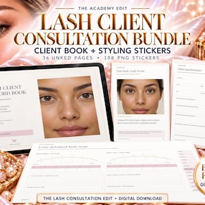 May include: A digital lash client consultation bundle featuring a record book and styling stickers. The display shows 36 linked pages, 108 PNG stickers, a client questionnaire, and a detailed lash map with bonus forms, guide, and video.