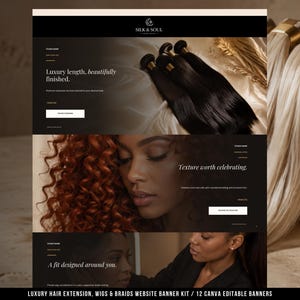 May include: A digital website banner kit for hair extensions, wigs, and braids featuring the brand name Silk & Soul. The layout includes sections with text such as Luxury length, beautifully finished, Texture worth celebrating, and A fit designed around you.