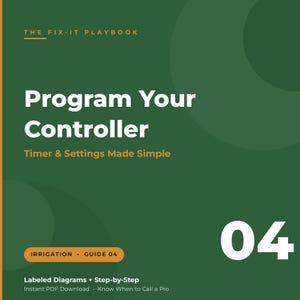 May include: A digital guide titled The Fix-It Playbook: Program Your Controller, featuring the subtitle Timer & Settings Made Simple. The dark green cover includes the text Irrigation Guide 04, the number 04, and Labeled Diagrams + Step-by-Step.