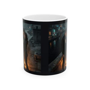 May include: A black ceramic mug featuring a wrap-around graphic print of two figures standing on a rooftop overlooking a city at night. The scene includes a dark urban skyline with glowing lights, a river, and warm orange light illuminating the figures.