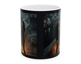 May include: A black ceramic mug featuring a wrap-around graphic print of two figures standing on a rooftop overlooking a city at night. The scene includes a dark urban skyline with glowing lights, a river, and warm orange light illuminating the figures.