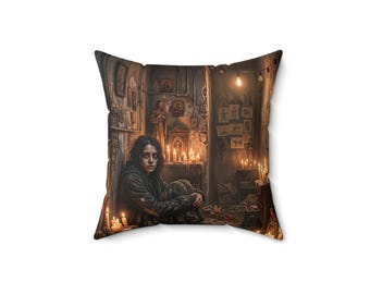 May include: A square throw pillow featuring a printed illustration of a person sitting on the floor in a dimly lit, candlelit room. The scene includes religious icons on the walls, numerous lit candles, and sketches pinned to the wall.