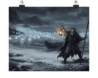 The Ferryman's Crossing Wall Art Poster - Lantern-Lit Shore Print