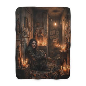 May include: A rectangular throw blanket featuring a dark, dimly lit room with a person sitting on the floor surrounded by numerous lit candles, religious statues, and framed pictures on the walls. The scene is illuminated by warm candlelight and hanging bulbs.