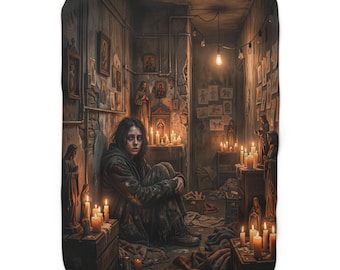 May include: A rectangular throw blanket featuring a dark, dimly lit room with a person sitting on the floor surrounded by numerous lit candles, religious statues, and framed pictures on the walls. The scene is illuminated by warm candlelight and hanging bulbs.