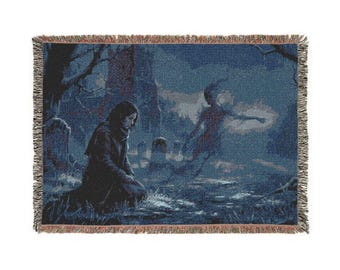 Ghostly Reunion Woven Blanket — Gothic Angel & Graveyard Throw
