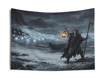 The Ferryman's Crossing Wall Tapestry - Lantern-Lit Shore Hanging