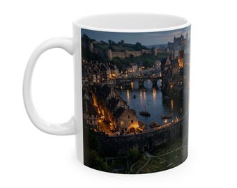 Paisaje nocturno de castillo medieval - Taza de fantasía gótica / Taza de café de cerámica