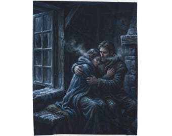 Cozy Winter Embrace Velveteen Plush Blanket | Couple by Fireplace