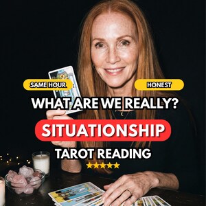 May include: A person with long red hair holding a tarot card, with text overlays reading SAME HOUR, HONEST, WHAT ARE WE REALLY?, SITUATIONSHIP, TAROT READING, and five yellow stars. A glass bowl of pink crystals and a white candle are visible.