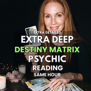Könnte beinhalten: Eine Person mit langem rotem Haar hält eine Tarotkarte mit der Aufschrift High Priestess. Der Text lautet: EXTRA DETAILED EXTRA DEEP DESTINY MATRIX PSYCHIC READING SAME HOUR. Eine Glasschale mit rosa Kristallen und zwei Kerzen stehen auf dem Tisch.