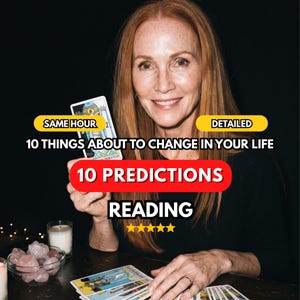 May include: A person with long red hair holds a tarot card, with text overlays reading SAME HOUR, DETAILED, 10 THINGS ABOUT TO CHANGE IN YOUR LIFE, 10 PREDICTIONS, READING, and five yellow stars. A bowl of pink crystals and candles are on the table.