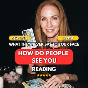 May include: A person holding a tarot card with the text SAME HOUR, HONEST, WHAT THEY NEVER SAY TO YOUR FACE, HOW DO PEOPLE SEE YOU, READING, and five yellow stars. The card depicts The High Priestess. Other tarot cards and a bowl of crystals are visible.