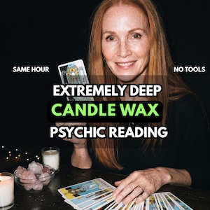 May include: A person with long red hair holds a tarot card featuring a figure with a crescent moon crown. Text reads: SAME HOUR, NO TOOLS, EXTREMELY DEEP CANDLE WAX PSYCHIC READING. A glass bowl of rose quartz crystals and two lit candles sit nearby.