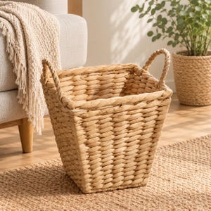 May include: A square-shaped storage basket woven from light tan natural fibers. The basket features a tapered design with a wider top opening and two sturdy, braided handles attached to the upper corners for easy lifting and carrying.