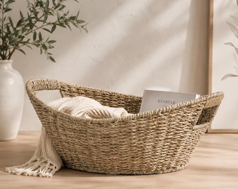 Woven Seagrass Oval Basket, Natural Farmhouse Boho Shelf Organizer, Cut-Out Handles