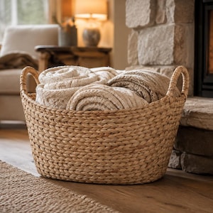 May include: A round, woven seagrass basket with two integrated handles, filled with several folded, cream-colored, and light beige knit blankets. The basket features a natural tan color and a tight, braided texture throughout its exterior surface.