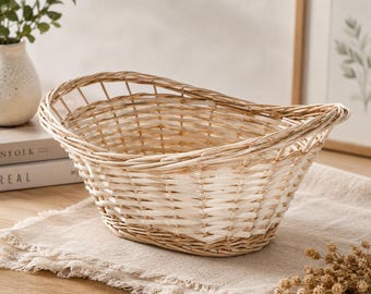 Handwoven Willow Oval Basket, Rustic Farmhouse Organizer, Boho Home Decor Handles