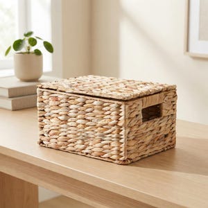 May include: A rectangular storage basket crafted from woven light brown natural fibers. The basket features a matching lid and integrated side handles, showcasing a textured, braided pattern throughout its entire exterior construction.