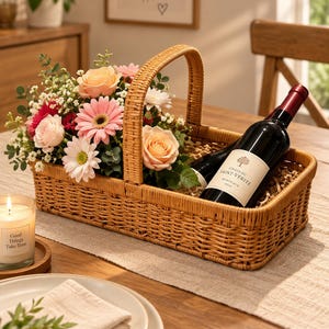 May include: A rectangular woven wicker basket with a central handle containing a bouquet of pink and peach roses, pink gerbera daisies, and white baby's breath alongside a bottle of Chateau Saint-Verite Bordeaux 2020 red wine on a bed of straw.