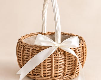 Handwoven Wicker Flower Basket, Satin Ribbon Handle, Rustic Wedding Decor