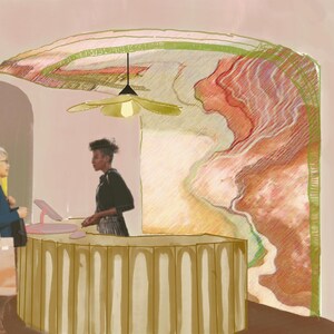 Op de afbeelding: Een digitale illustratie van een winkelinterieur met een gebogen, geribbelde beige balie, een persoon die bij de balie staat en een medewerker erachter. De ruimte bevat een gouden boogvloerlamp, een ovale spiegel en een muurschildering.