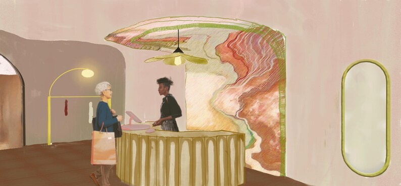 Op de afbeelding: Een digitale illustratie van een winkelinterieur met een gebogen, geribbelde beige balie, een persoon die bij de balie staat en een medewerker erachter. De ruimte bevat een gouden boogvloerlamp, een ovale spiegel en een muurschildering.