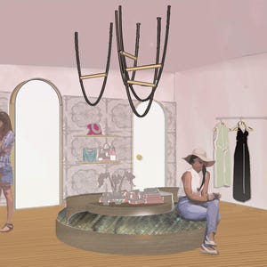 Op de afbeelding: Een interieurweergave van een winkel met een gebogen groen displayplatform, twee boogdeuren en kledingrekken met jurken. Twee zwarte sculpturale lichtarmaturen hangen aan het plafond. De muren zijn voorzien van een behang met patroon.