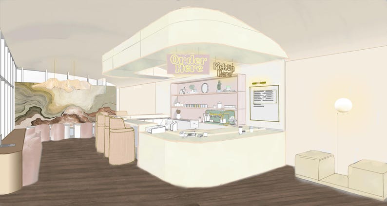 Op de afbeelding: Een digitale weergave van een caf&eacute;-interieur met een gebogen servicebalie in een lichte cr&egrave;mekleur. Hangende borden tonen Order Here en Pickup Here. De ruimte bevat lichtgekleurde krukken, een menukaart aan de muur en een grote abstracte muurschildering.