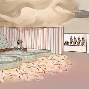 May include: A digital architectural rendering of a spa interior featuring two light green, curved, low-profile soaking tubs on a patterned tile floor. A pale pink fluted wall backdrop sits behind the tubs, with a shelf displaying towels and a sign reading CENTRAL.