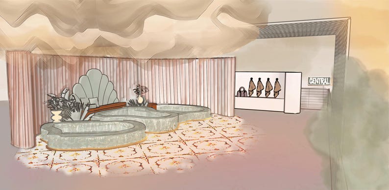 Op de afbeelding: Een digitale architecturale weergave van een spa-interieur met twee lichtgroene, gebogen, lage baden op een vloer met patroontegels. Een lichtroze geribbelde muurachtergrond bevindt zich achter de baden, met een plank met handdoeken en een bord met de tekst CENTRAL.