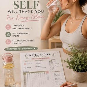 Puede incluir: Un documento imprimible para el seguimiento de la ingesta de agua con gráficos de progreso diario y semanal, objetivos de hidratación y notas de reflexión. El documento incluye encabezados de texto como Water Intake Tracker.