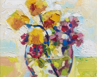 Original Painting Marigold Flowers in Glass Vase, 12 x 12, textured modern, oil paint on stretched canvas, ready to hang