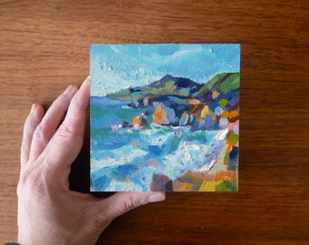 Big Sur California Original 4x4x1.5 Painting on cradled wooden block